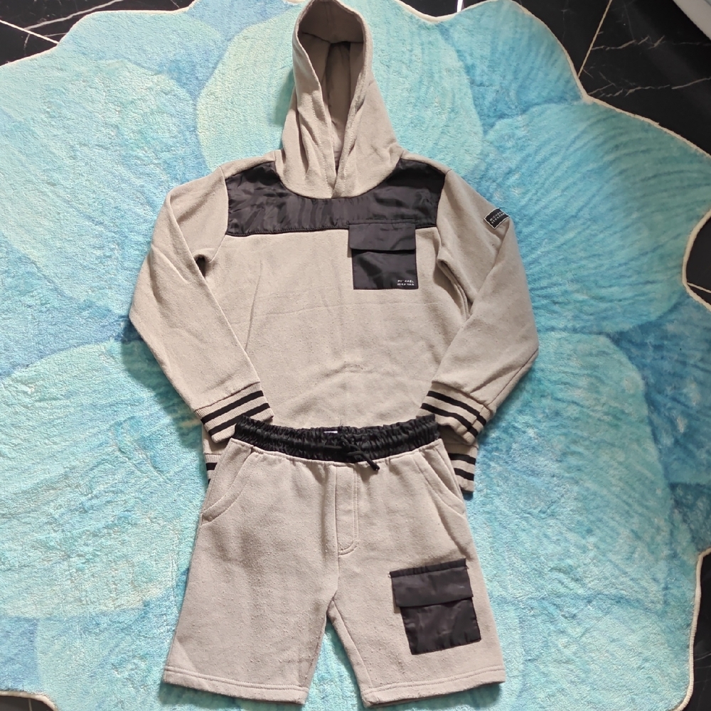 Beige and Black Hoodie and Shorts Set